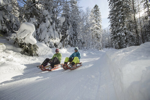 Germany, Bavaria, Inzell, couple having fun on sledges in snow-covered landscape - FFF001438