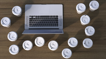 Laptop umgeben von Coffee to Go-Papierbechern, 3D-Rendering - UWF000456
