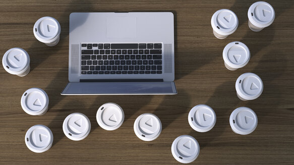 Laptop umgeben von Coffee to Go-Papierbechern, 3D-Rendering - UWF000456