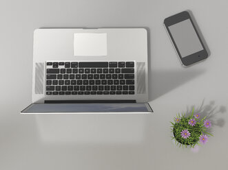 Laptop, smartphone and flowerpot on tabletop, 3D Rendering - UWF000457