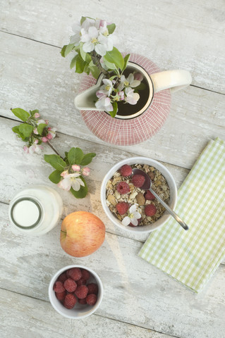 Bowl of granola and raspberries stock photo