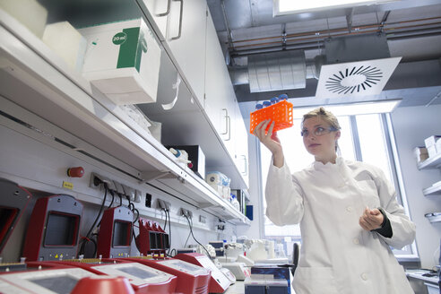 Junge Wissenschaftlerin arbeitet in einem biologischen Labor und untersucht Proben - SGF001594