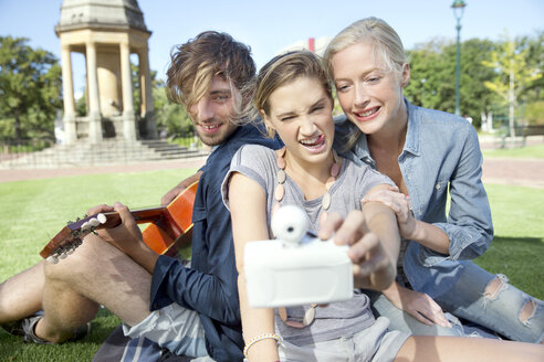 Glückliche Freunde im Park machen ein Selfie - TOYF000542