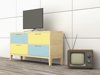 3D Rendering, alter Fernseher, moderner Flachbildfernseher auf dem Kleiderschrank - UWF000469