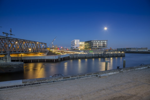 Germany, Hamburg, view to HafenCity University at evening twilight stock photo