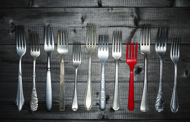 Row of different silver forks and a red plastic fork on wood - KSWF001522