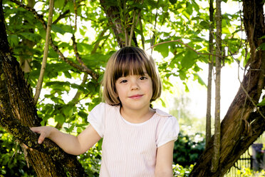 Portrait of smiling little girl climbing in a tree - LVF003392