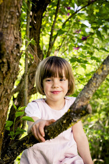 Porträt eines lächelnden kleinen Mädchens, das auf einen Baum klettert - LVF003395
