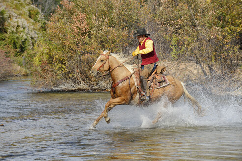 USA, Wyoming, Cowboy reitet auf seinem Pferd über den Fluss - RUEF001600