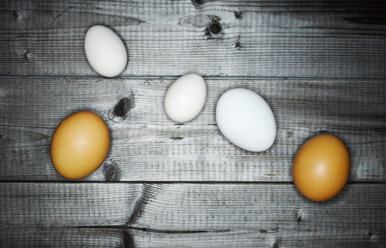 Zwei braune Eier und drei weiße Eier auf Holz - KSWF001537