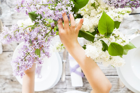 Mädchen deckt einen Tisch, lila Blumen, lizenzfreies Stockfoto