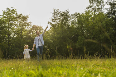 Father and daughter walkinh hand in hand on meadow - UUF004321