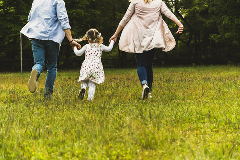 Vater, Mutter und Tochter laufen auf einer Wiese - UUF004326