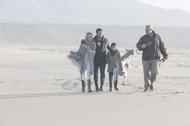 South Africa, Cape Town, family walking on the beach with dog - ZEF005246