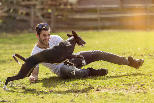 Porträt eines Mannes, der mit seinem Hund auf einer Wiese spielt - TAMF000167