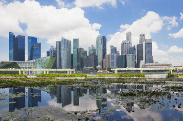 Republic of Singapor, Singapore, skyline of Marina Bay District with lily pond in the foreground - GWF004057