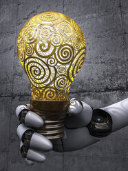 Robot holding lightbulb, 3d rendering - AHUF000005