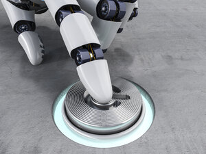 Robot pushing button, 3d rendering - AHUF000008