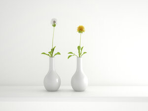 Zwei weiße Blumenvasen mit Pusteblume und Löwenzahn, 3D Rendering - UWF000506