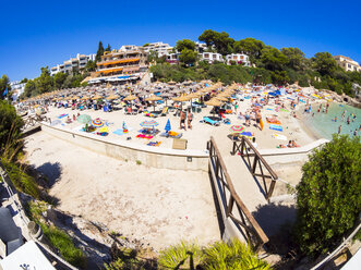 Spain, Mallorca, View to Cala Ferrera, beach with tourists - AMF004045