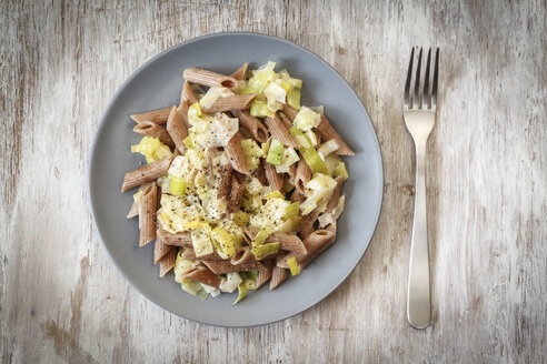 Wholemeal spelt rigatoni with leek cream sauce on plate - EVGF001740