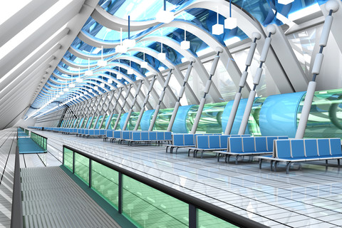 Waiting area of a futuristic airport, 3D Rendering stock photo