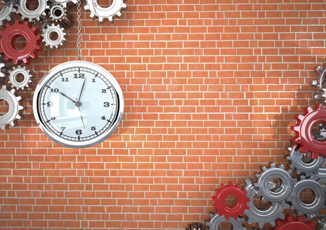 Zahnräder und Uhr vor einer Backsteinmauer, 3D Rendering - ALF000540