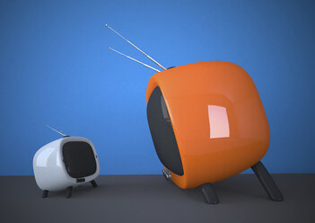 3D-Illustration, klein gegen groß, weißer und oranger TV - ALF000542
