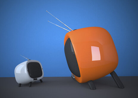 3D Illustration, small versus big, white and orange TV - ALF000542