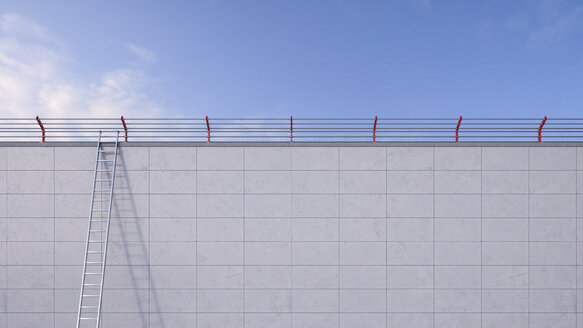 3D Rendering, ladder leaning against wall, barbed wire - UWF000519