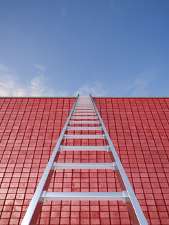 3D Rendering, ladder leaning against red wall - UWF000521