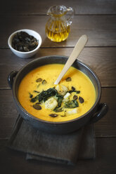 Bowl of creamed pumpkin soup with fried Chinese cabbage and pumpkin seed - EVGF001838