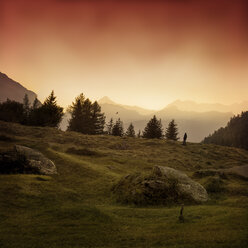 Italien, Lombardei, Chiareggio, Valmalenco, Berge, einsamer Mann auf Wiese bei Sonnenaufgang - DWIF000519