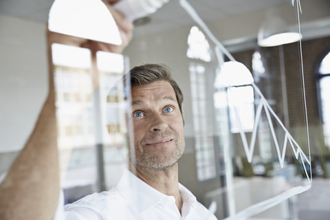 Geschäftsmann zeichnet Diagramm auf Glasscheibe im Büro, lizenzfreies Stockfoto