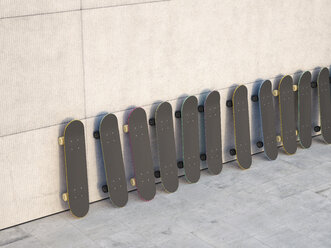 Reihe von Skateboards, die an einer Betonwand lehnen, 3D-Rendering - UWF000529