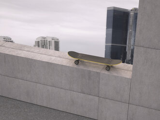 Skateboard standing on balustrade of high-rise building - UWF000531