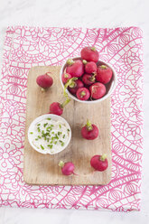 Bowl of red radishes and bowl of sour cream dip - SBDF002047