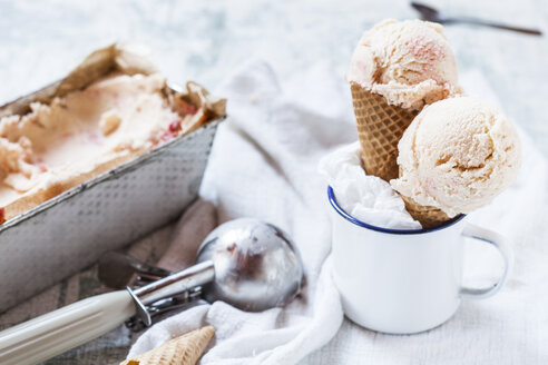 Vanilla icecream with fruit swirl in loaf pan, emaille cup with ice-cream cone and ice scoops, ice cream scoop - SBDF001992