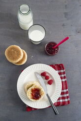 Toasties with strawberry raspberry jam and glass of milk - MYF001040