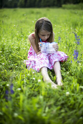 Little girl sitting on a meadow with insect can - SARF001922