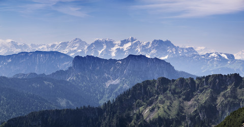 Germany, Bavaria, Chiemgau Alps, view from Hochfelln southwards to Hoerndlwand and Loferer Steinberge stock photo