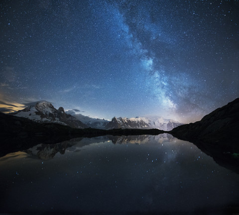 France, Mont Blanc, Lake Cheserys, Milky way and Mont Blanc reflected in the lake by night stock photo
