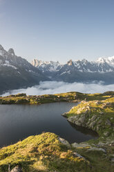 France, Mont Blanc, Lake Cheserys, mountain and lake at sunrise - LOMF000010