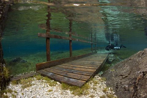 Österreich, Steiermark, Tragoess, Grüner See, Taucher und überflutete Brücke, lizenzfreies Stockfoto