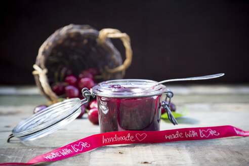 Jar of cherry jam and cherries, ribbon, handmade - LVF003537