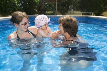 Spain, Majorca, baby girl with mother and granny in the pool - ROMF000064