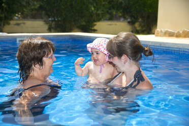 Spain, Majorca, baby girl with mother and granny in the pool - ROMF000065