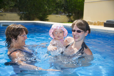 Spain, Majorca, baby girl with mother and granny in the pool - ROMF000066