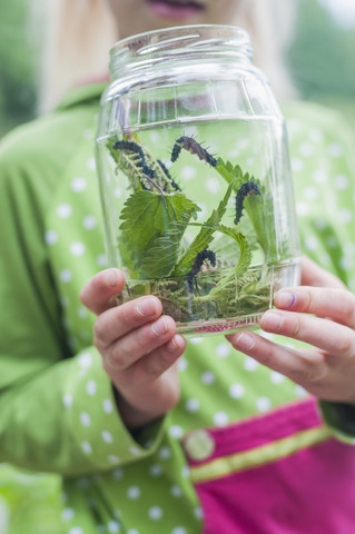 Deutschland, Mädchen hält Glas mit Raupe des Tagpfauenauges, lizenzfreies Stockfoto