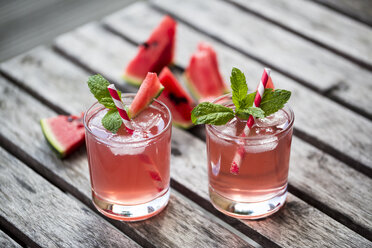 Watermelon-Hugo, Mojito in glasses with drinking straw - SARF001986